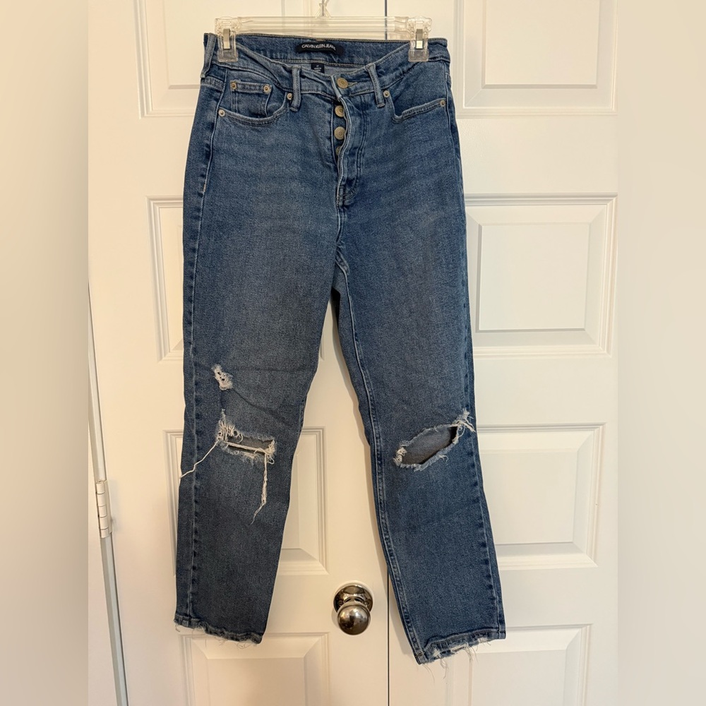 Calvin Klein Straight Leg Ankle Blue Distressed Jeans